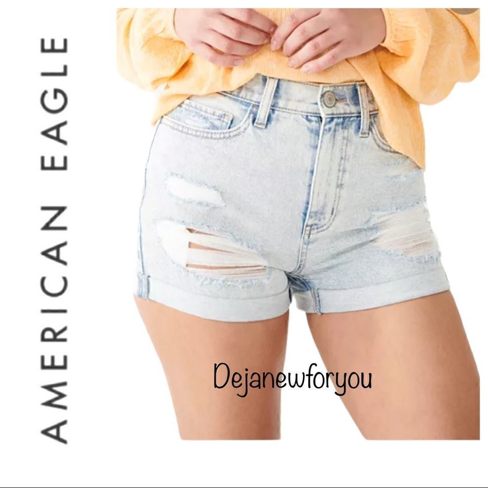 American Eagle Super Hi-Rise Shortie Distressed Denim Shorts Light Wash Size 2